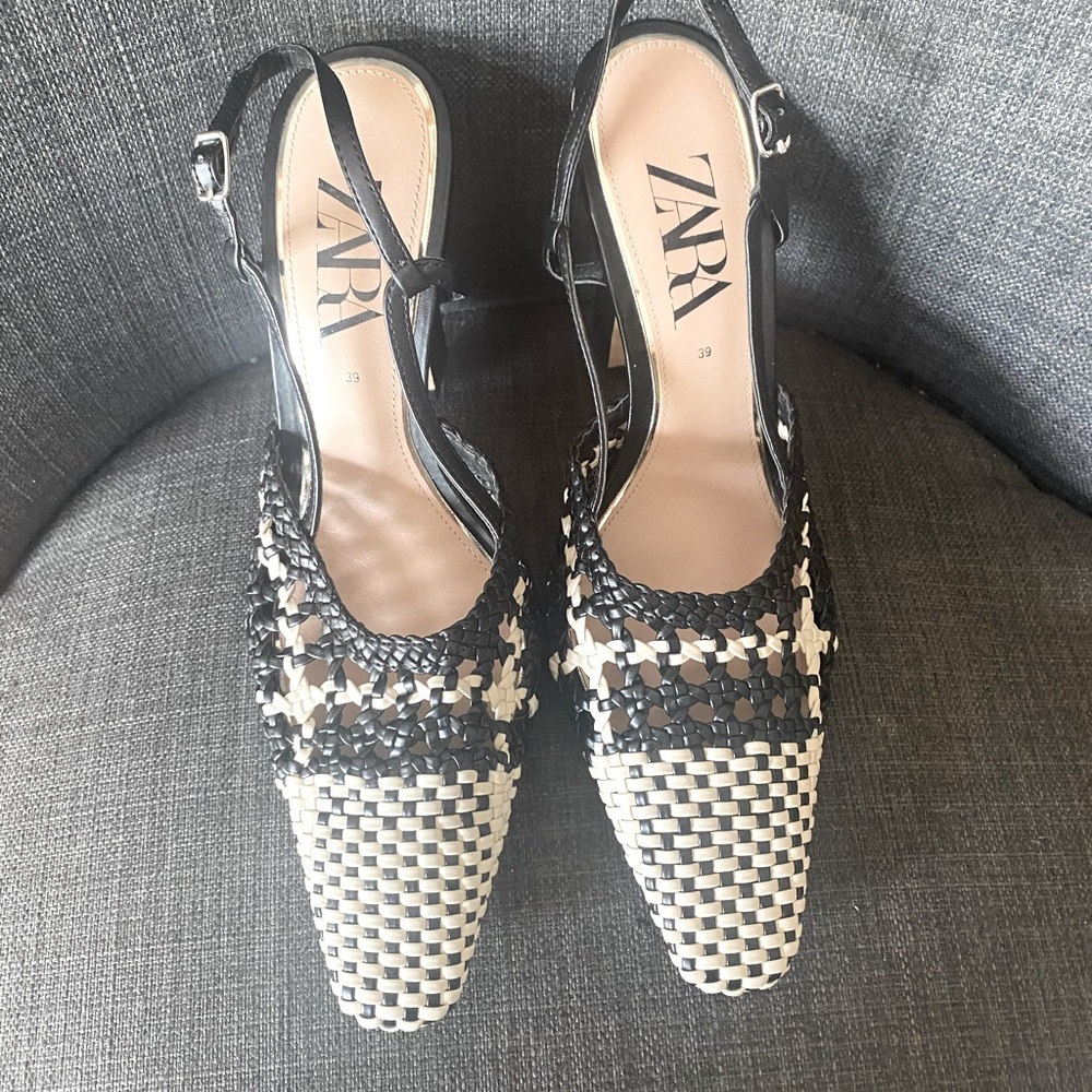 Zara Black and Cream Woven Heels